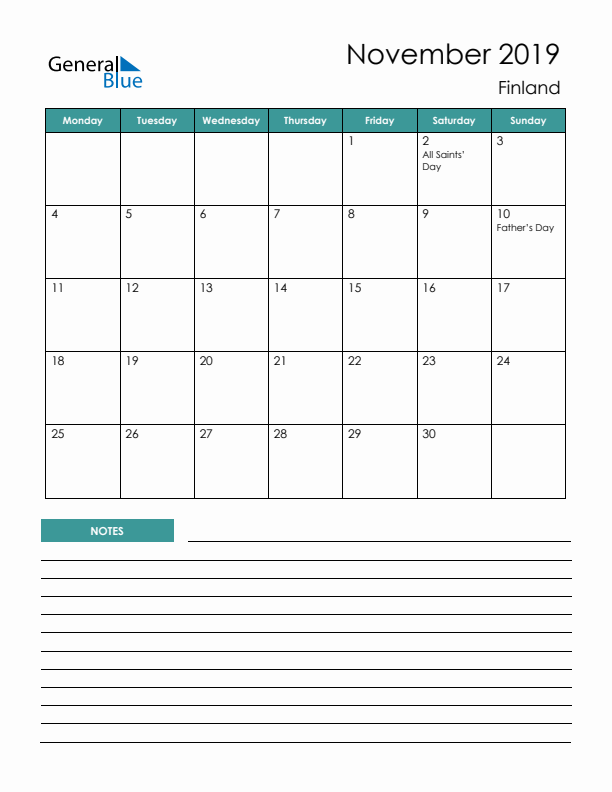 Calendar with Notes Printable - Monday Start