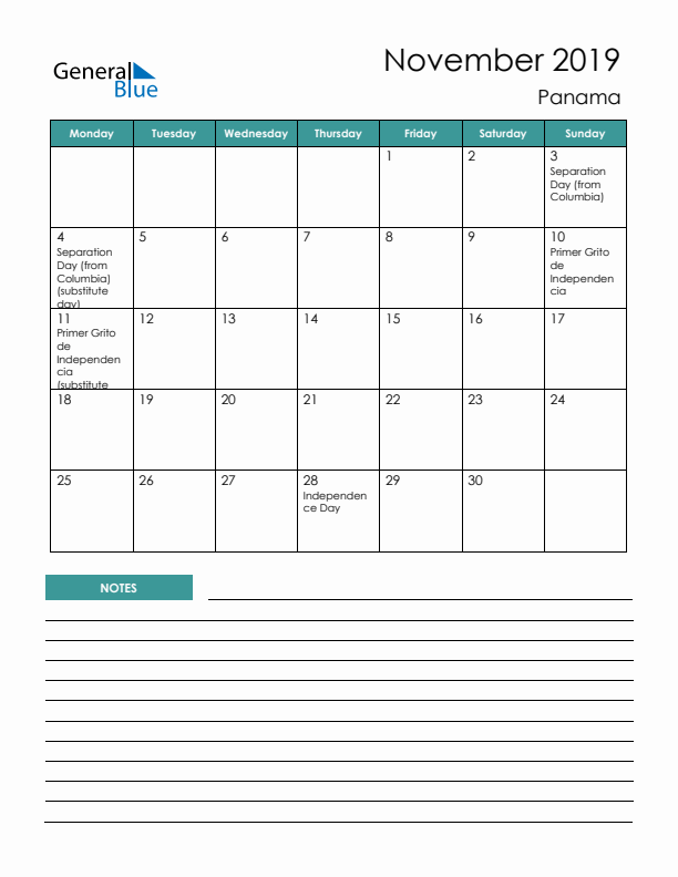 Calendar with Notes Printable - Monday Start