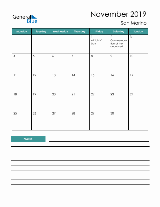 Calendar with Notes Printable - Monday Start