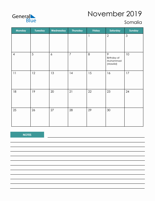 Calendar with Notes Printable - Monday Start