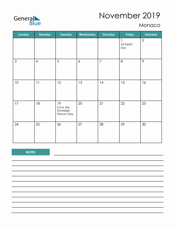 Calendar with Notes Printable - Sunday Start