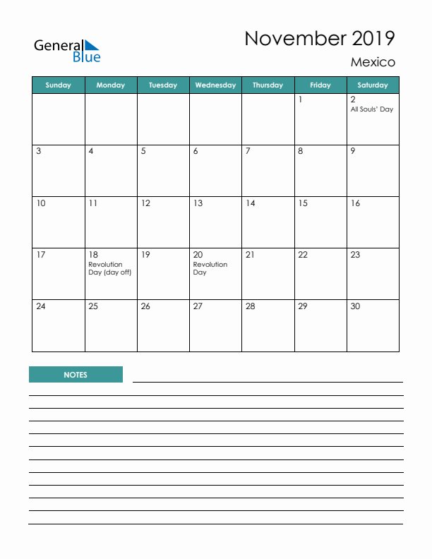 Calendar with Notes Printable - Sunday Start