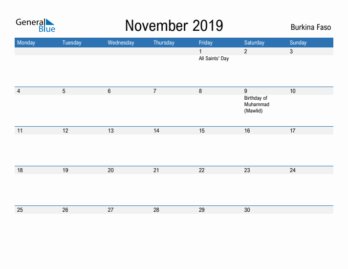 Fillable November 2019 Calendar