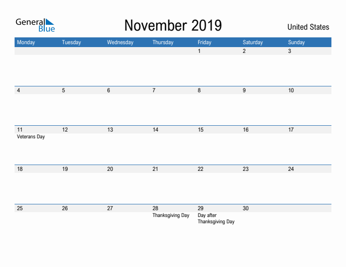 Fillable November 2019 Calendar