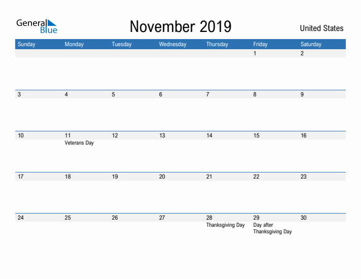 Fillable November 2019 Calendar