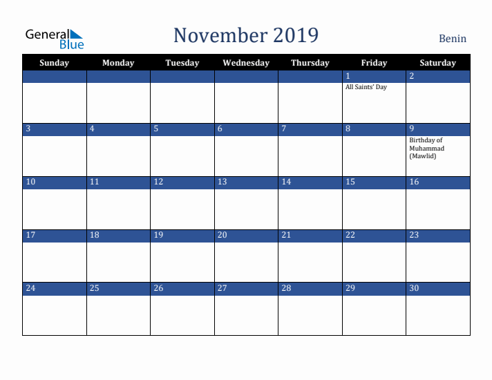 November 2019 Benin Calendar (Sunday Start)