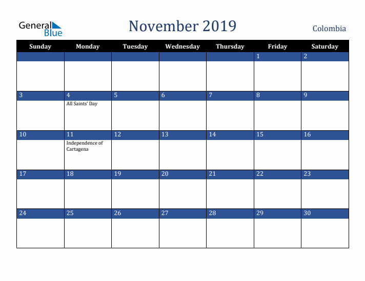 November 2019 Colombia Calendar (Sunday Start)