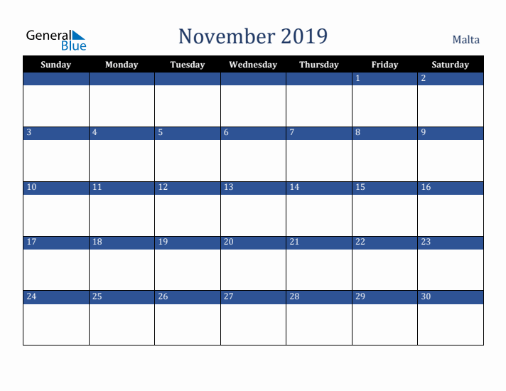 November 2019 Malta Calendar (Sunday Start)