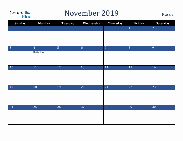 November 2019 Russia Calendar (Sunday Start)