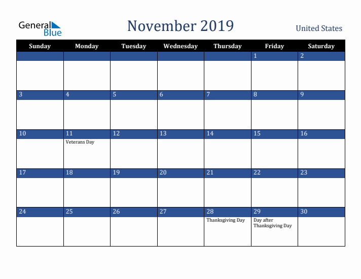 November 2019 United States Calendar (Sunday Start)