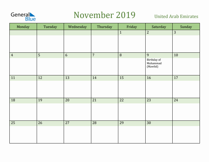 November 2019 Calendar with United Arab Emirates Holidays