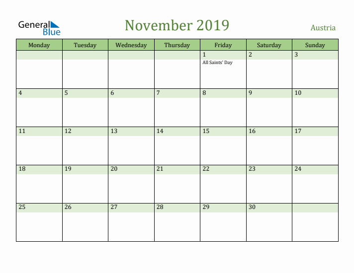 November 2019 Calendar with Austria Holidays