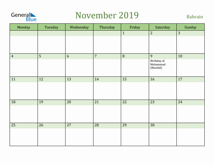 November 2019 Calendar with Bahrain Holidays