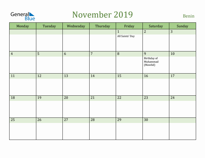 November 2019 Calendar with Benin Holidays