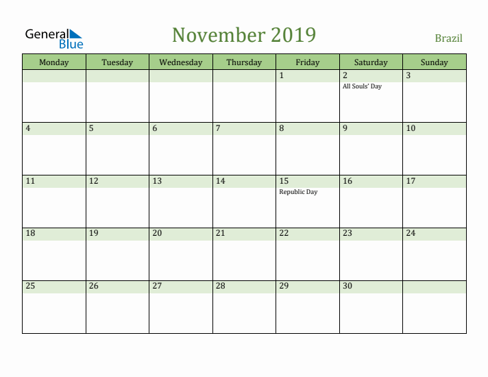 November 2019 Calendar with Brazil Holidays