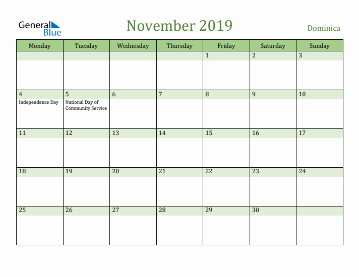 November 2019 Calendar with Dominica Holidays