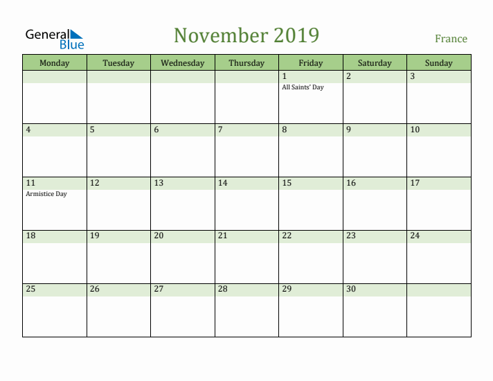 November 2019 Calendar with France Holidays