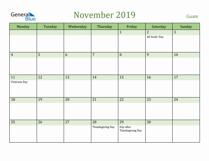 November 2019 Calendar with Guam Holidays