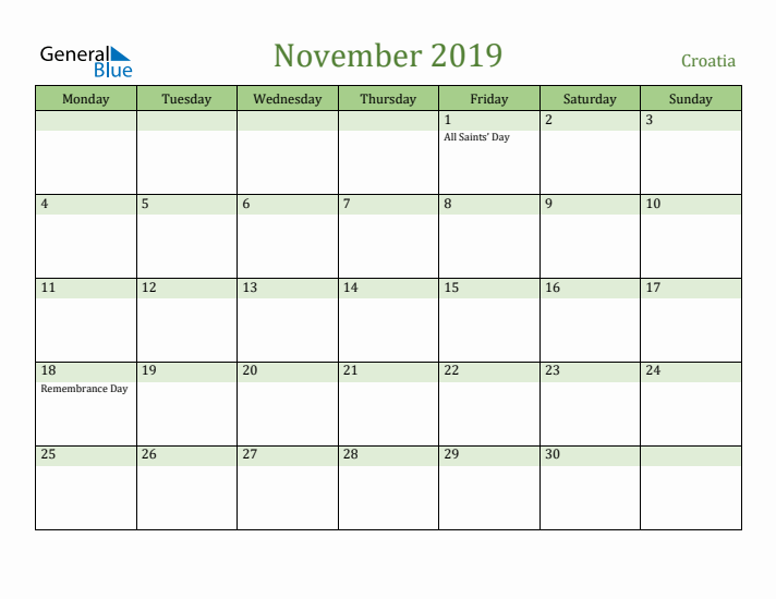 November 2019 Calendar with Croatia Holidays