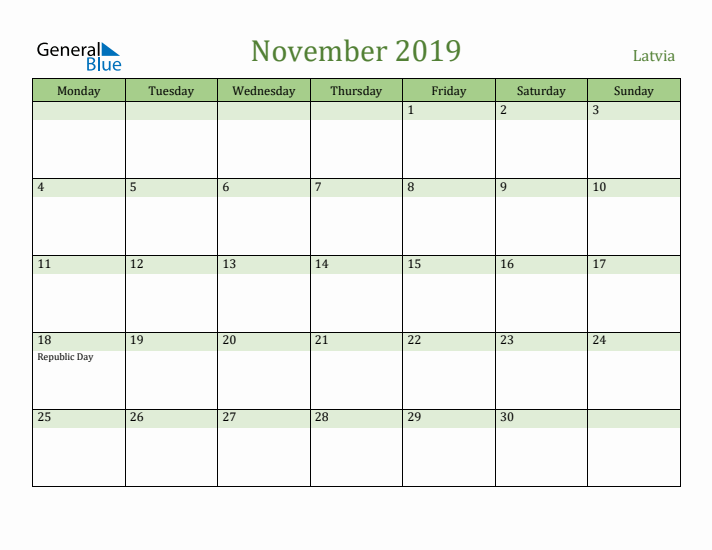 November 2019 Calendar with Latvia Holidays