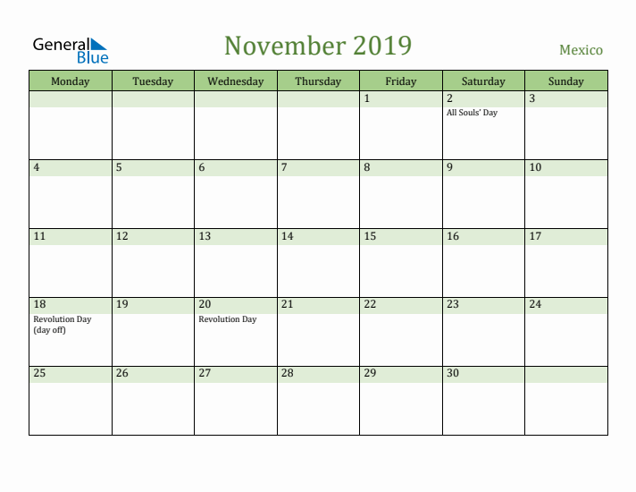 November 2019 Calendar with Mexico Holidays