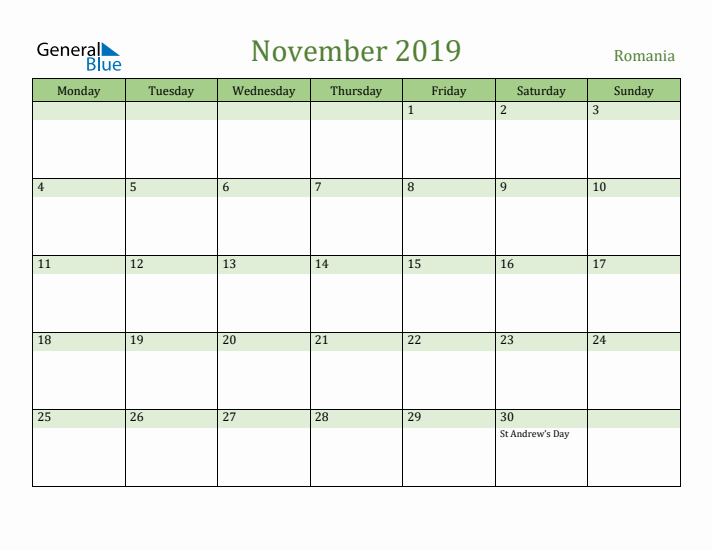 November 2019 Calendar with Romania Holidays