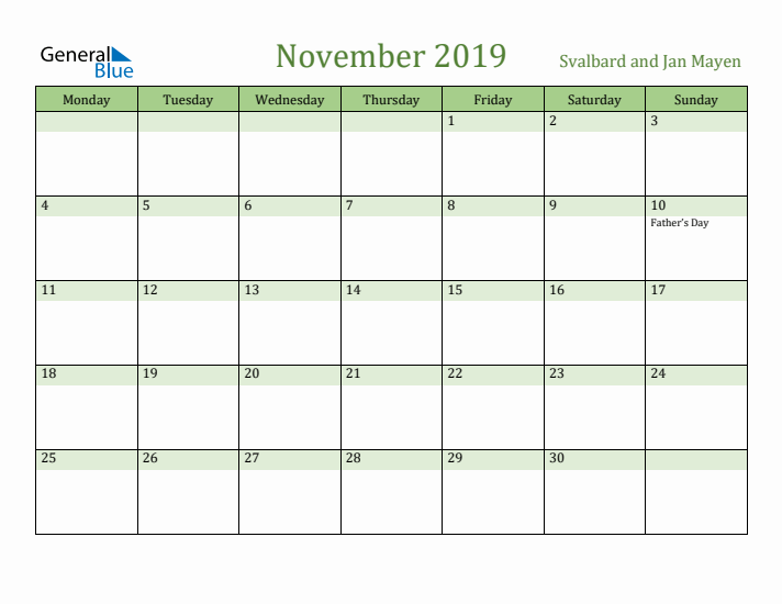 November 2019 Calendar with Svalbard and Jan Mayen Holidays