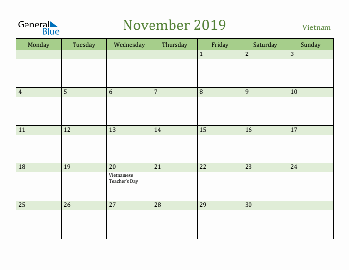 November 2019 Calendar with Vietnam Holidays