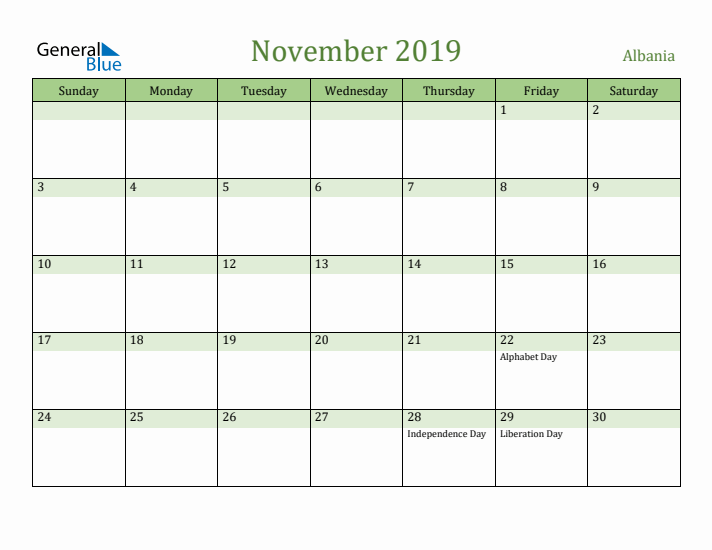 November 2019 Calendar with Albania Holidays