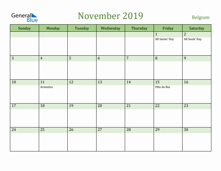 November 2019 Calendar with Belgium Holidays