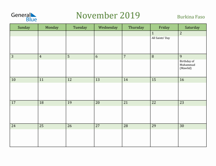 November 2019 Calendar with Burkina Faso Holidays