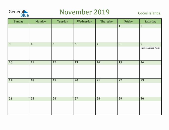 November 2019 Calendar with Cocos Islands Holidays