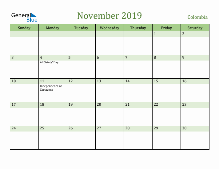 November 2019 Calendar with Colombia Holidays