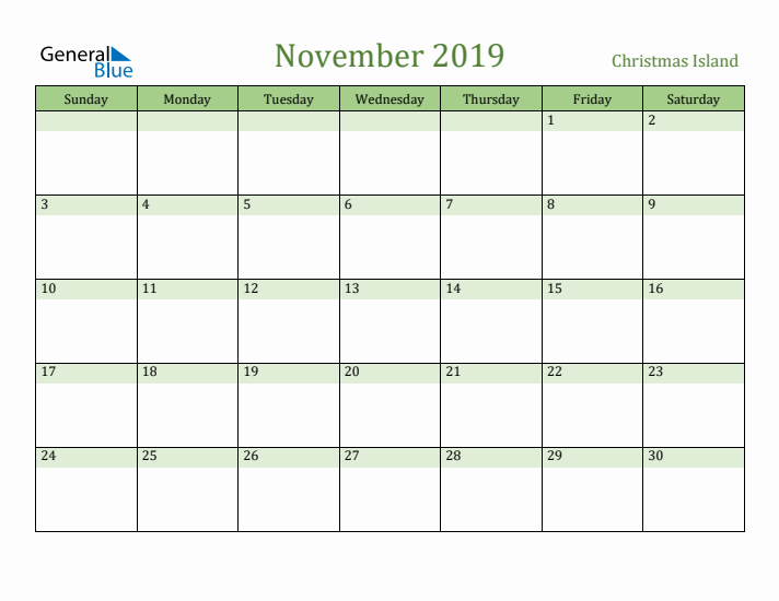 November 2019 Calendar with Christmas Island Holidays