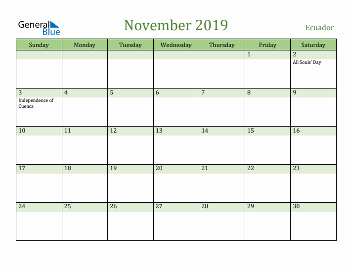 November 2019 Calendar with Ecuador Holidays