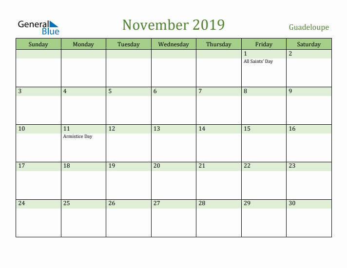 November 2019 Calendar with Guadeloupe Holidays