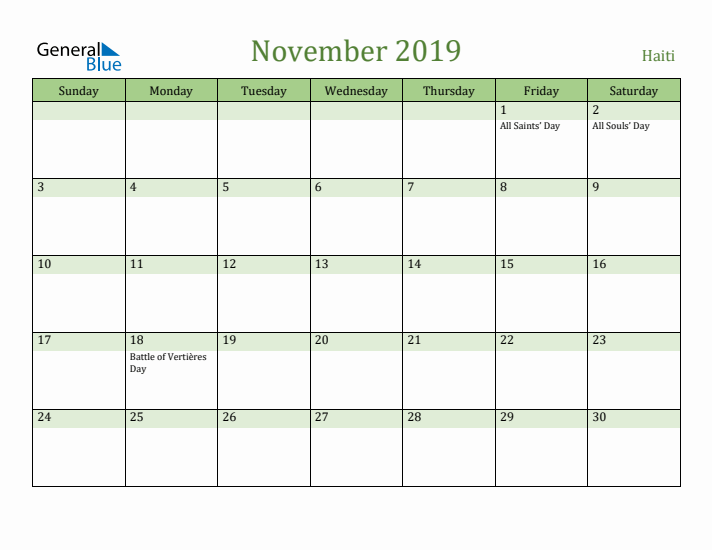 November 2019 Calendar with Haiti Holidays