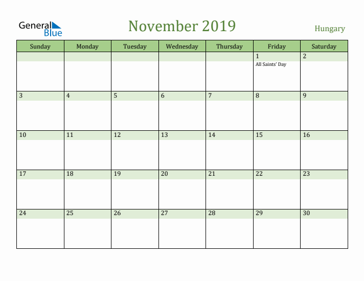 November 2019 Calendar with Hungary Holidays