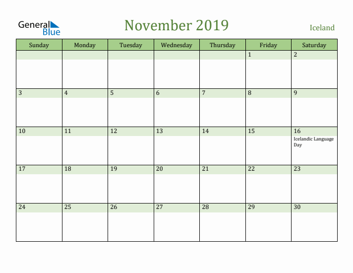 November 2019 Calendar with Iceland Holidays