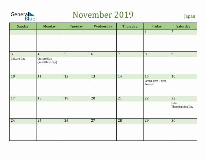 November 2019 Calendar with Japan Holidays