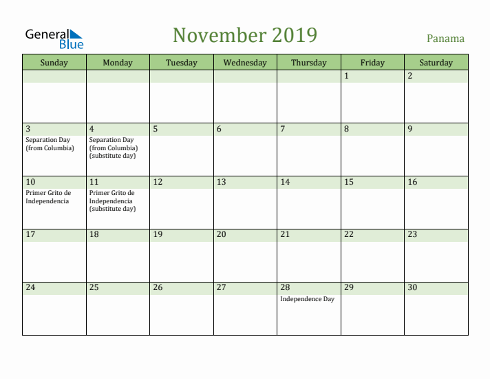 November 2019 Calendar with Panama Holidays