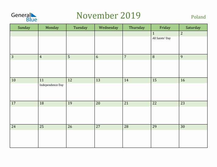 November 2019 Calendar with Poland Holidays