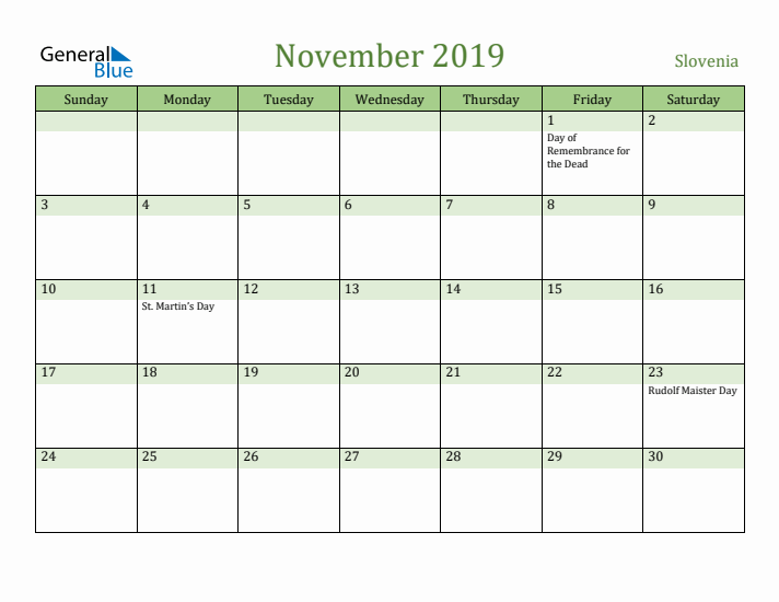 November 2019 Calendar with Slovenia Holidays