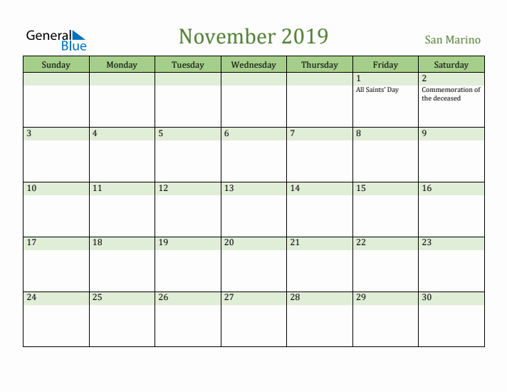 November 2019 Calendar with San Marino Holidays