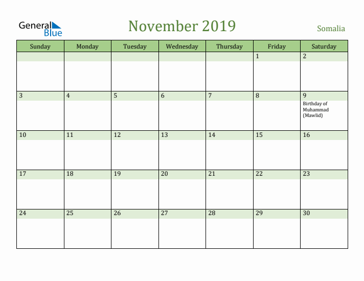 November 2019 Calendar with Somalia Holidays