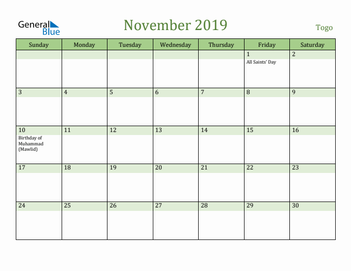 November 2019 Calendar with Togo Holidays