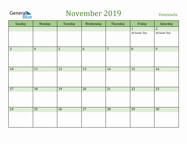 November 2019 Calendar with Venezuela Holidays