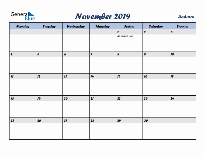 November 2019 Calendar with Holidays in Andorra