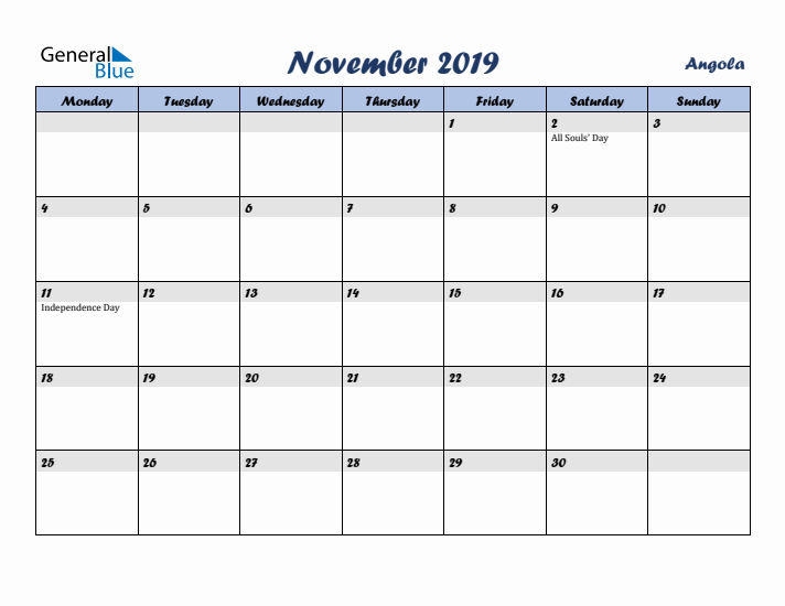 November 2019 Calendar with Holidays in Angola