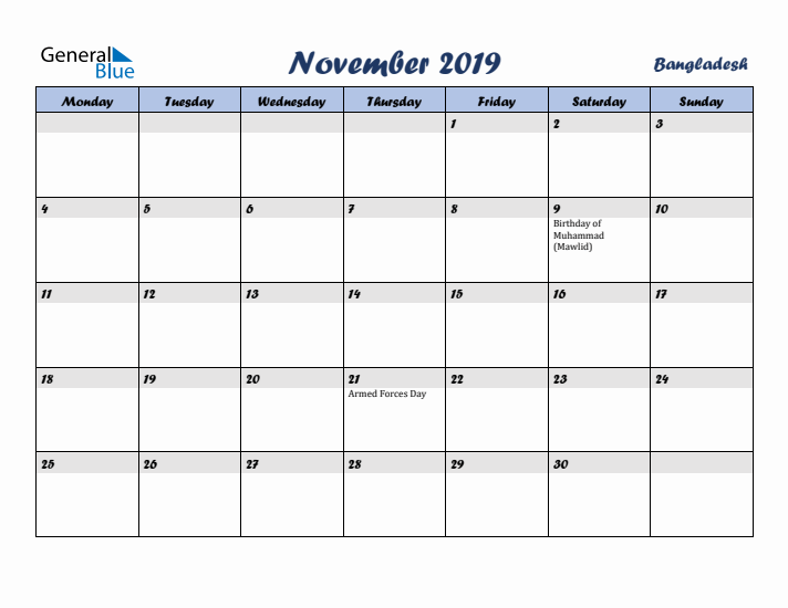 November 2019 Calendar with Holidays in Bangladesh